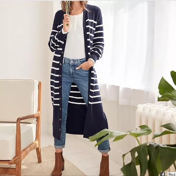 Loft supersoft cardigan sweater dress sz medium navy blue cream stripe new - Picture 2 of 8